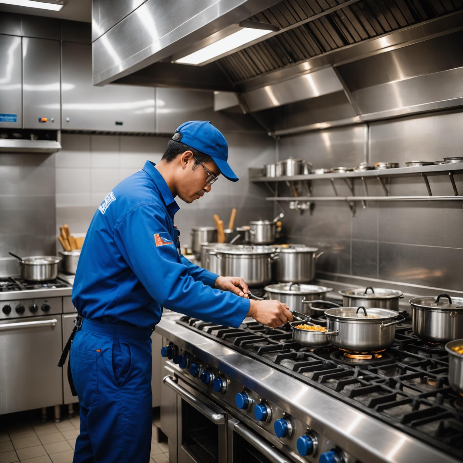 Professional gas appliance technician performing maintenance in a modern commercial kitchen