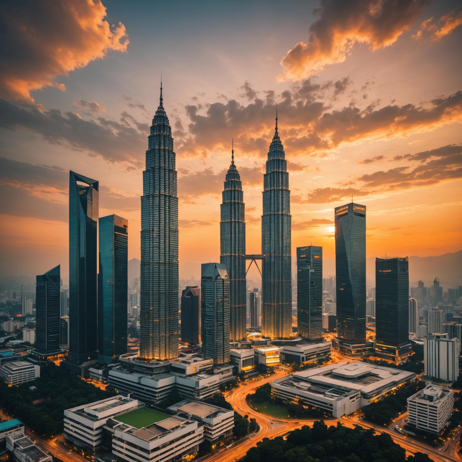 Kuala Lumpur city skyline at dusk with the Petronas Twin Towers in the background