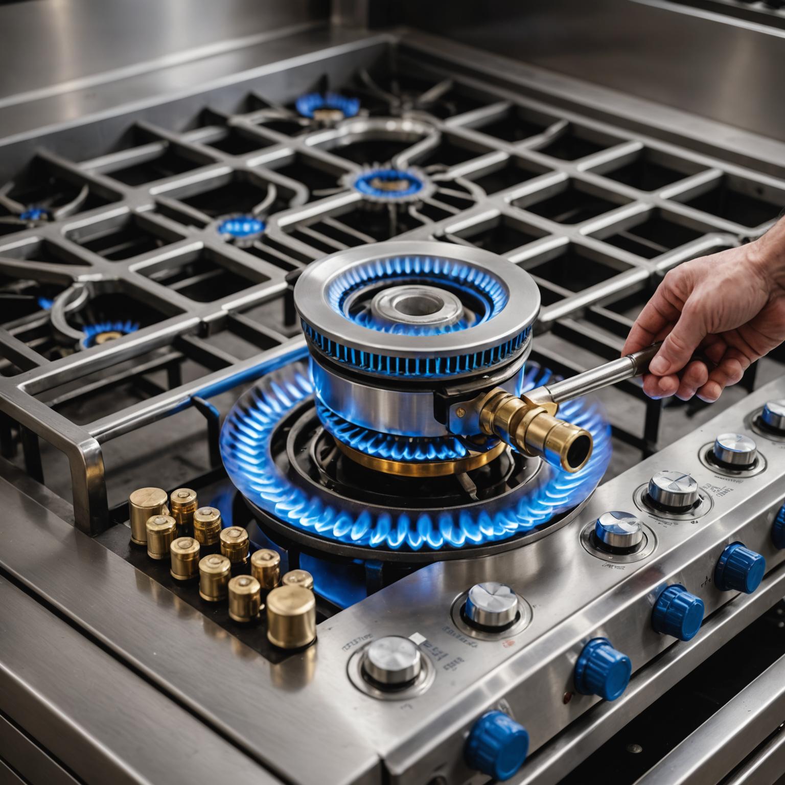 FlameGuard technician replacing a gas stove burner with a new high-efficiency unit