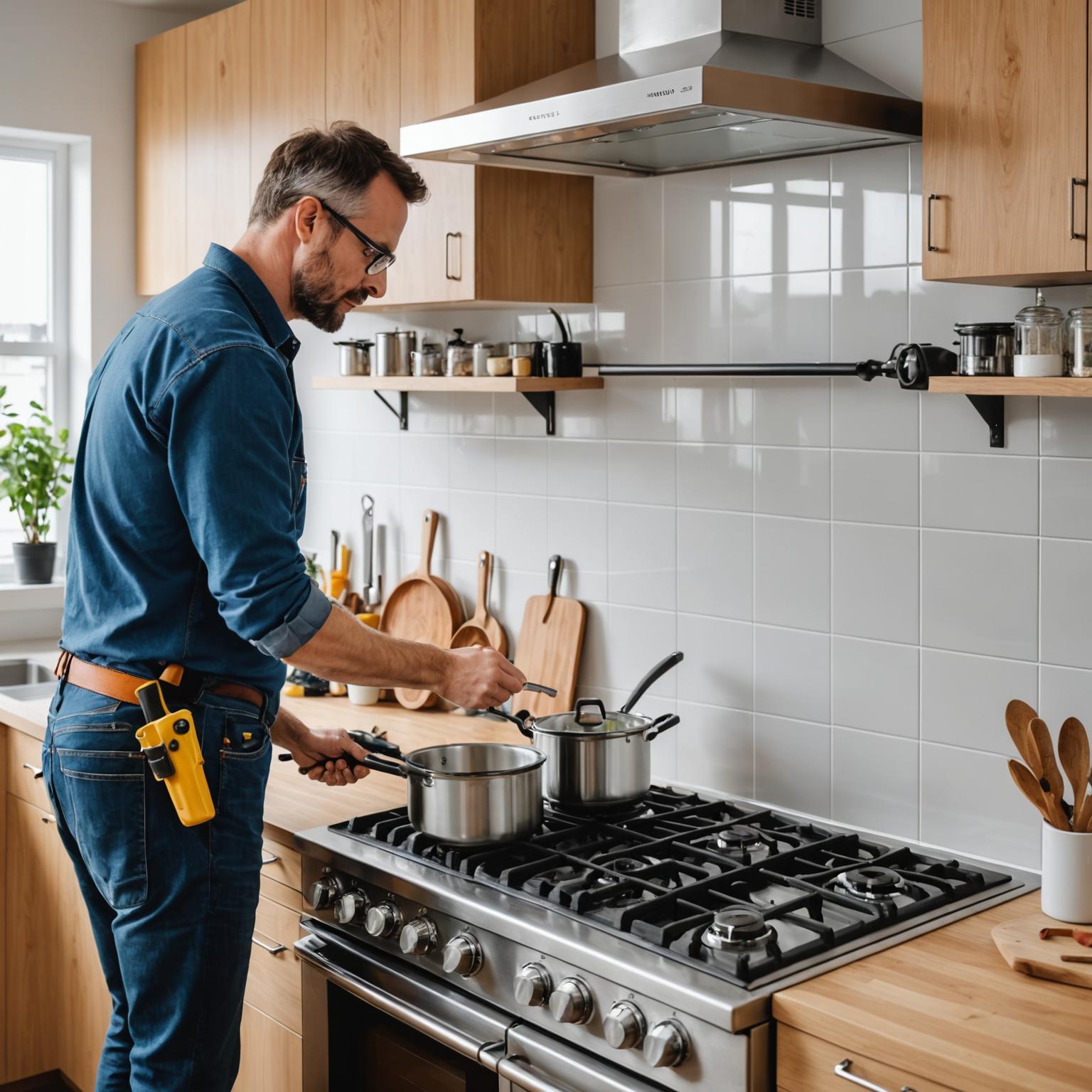 FlameGuard technician installing a new gas cooktop with copper piping connections