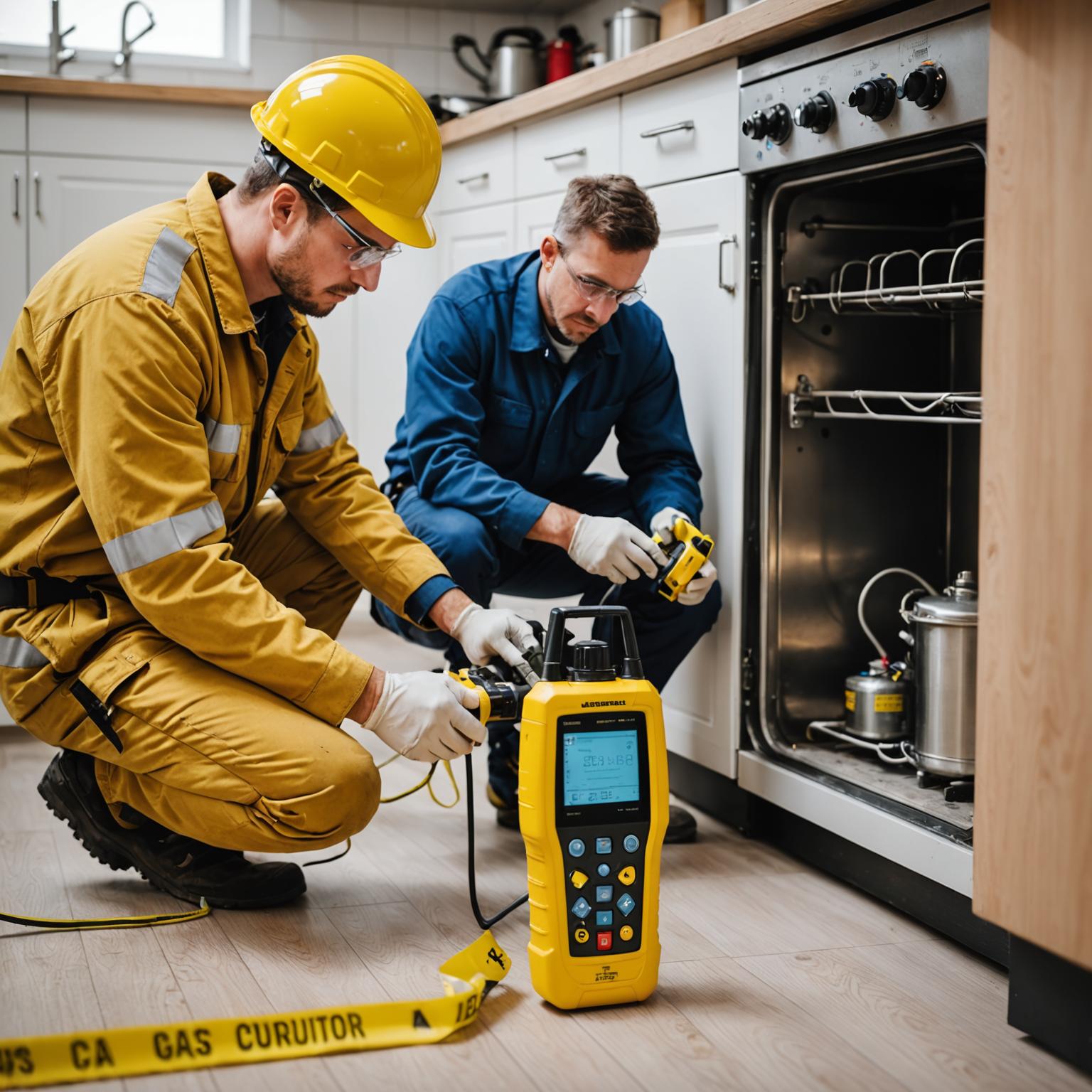 FlameGuard technician using electronic gas leak detector on a pipe fitting