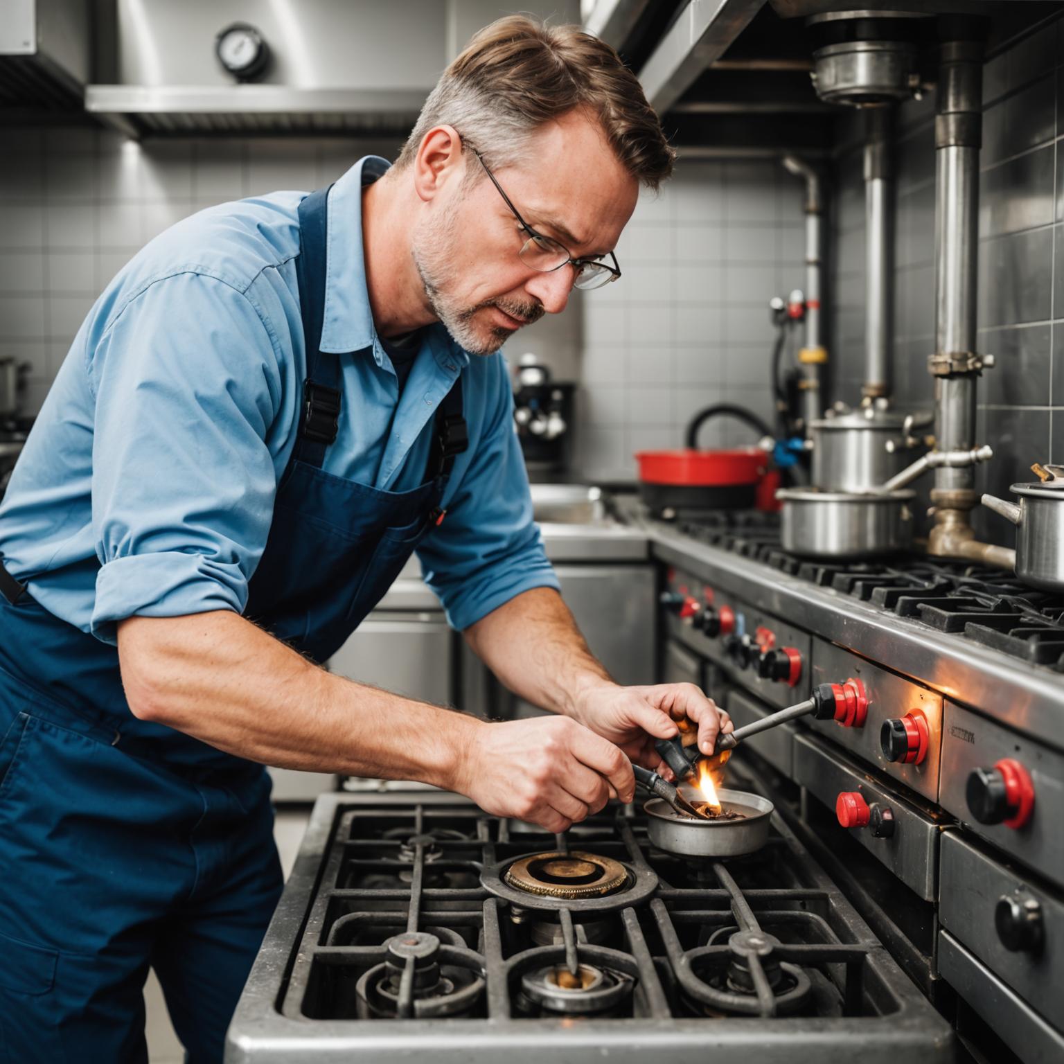 FlameGuard technician performing routine maintenance on a commercial gas stove
