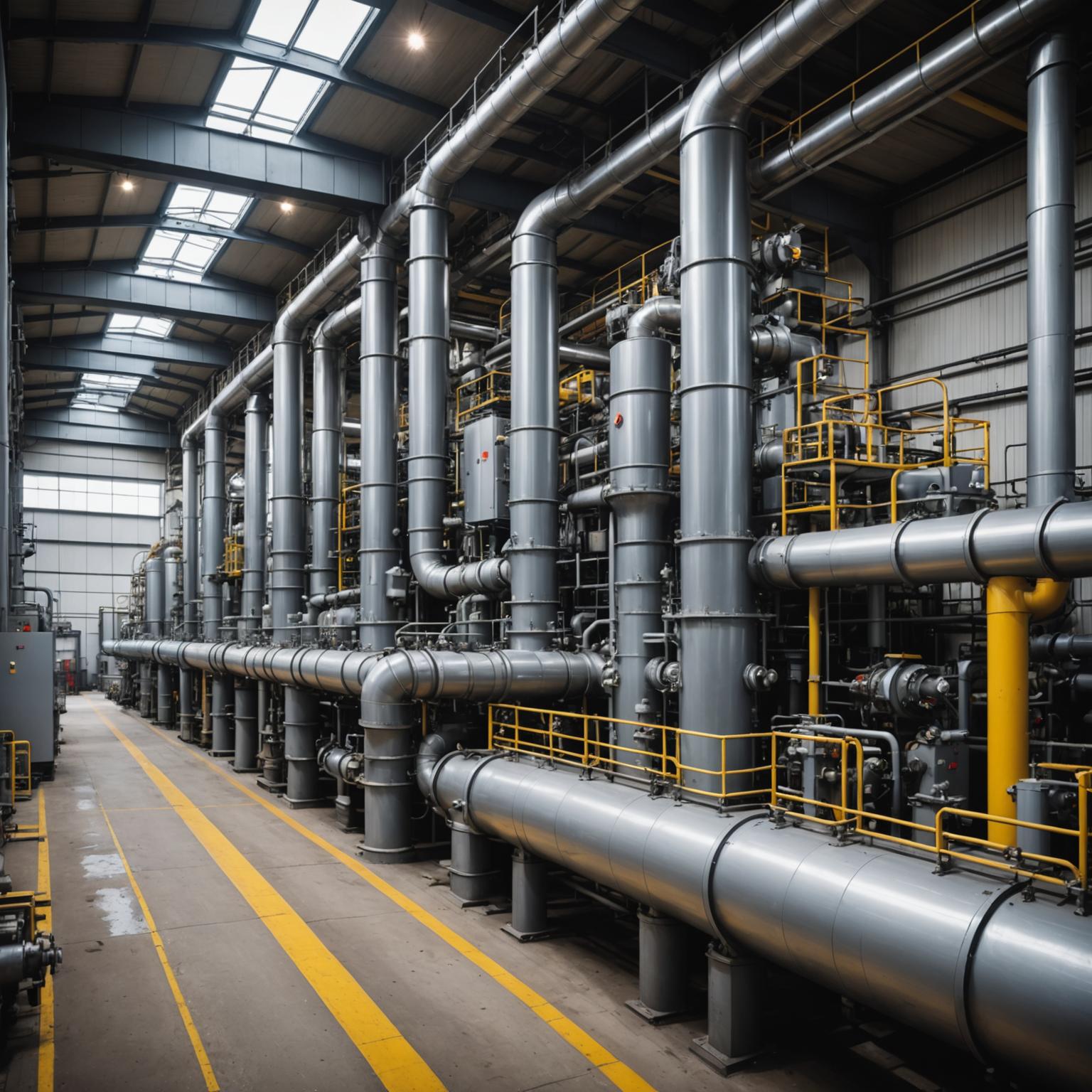Industrial gas piping installation along a factory production line